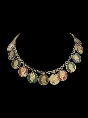 Vintage Crown Trifari Gold-Tone Multicolor Coin Charm Necklace - Women Jewelry
